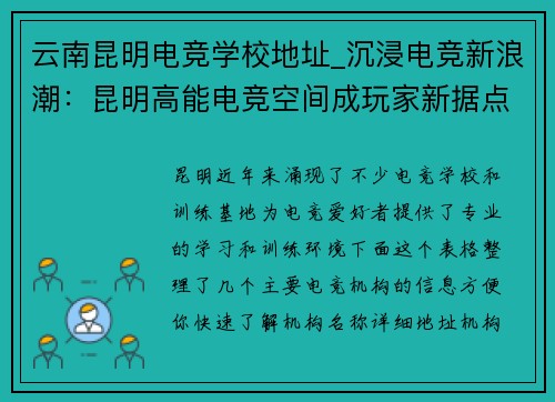 云南昆明电竞学校地址_沉浸电竞新浪潮：昆明高能电竞空间成玩家新据点